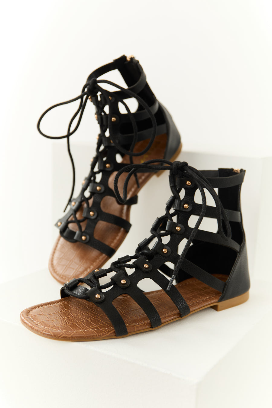 Black Lace Up Open Toed Gladiator Sandals
