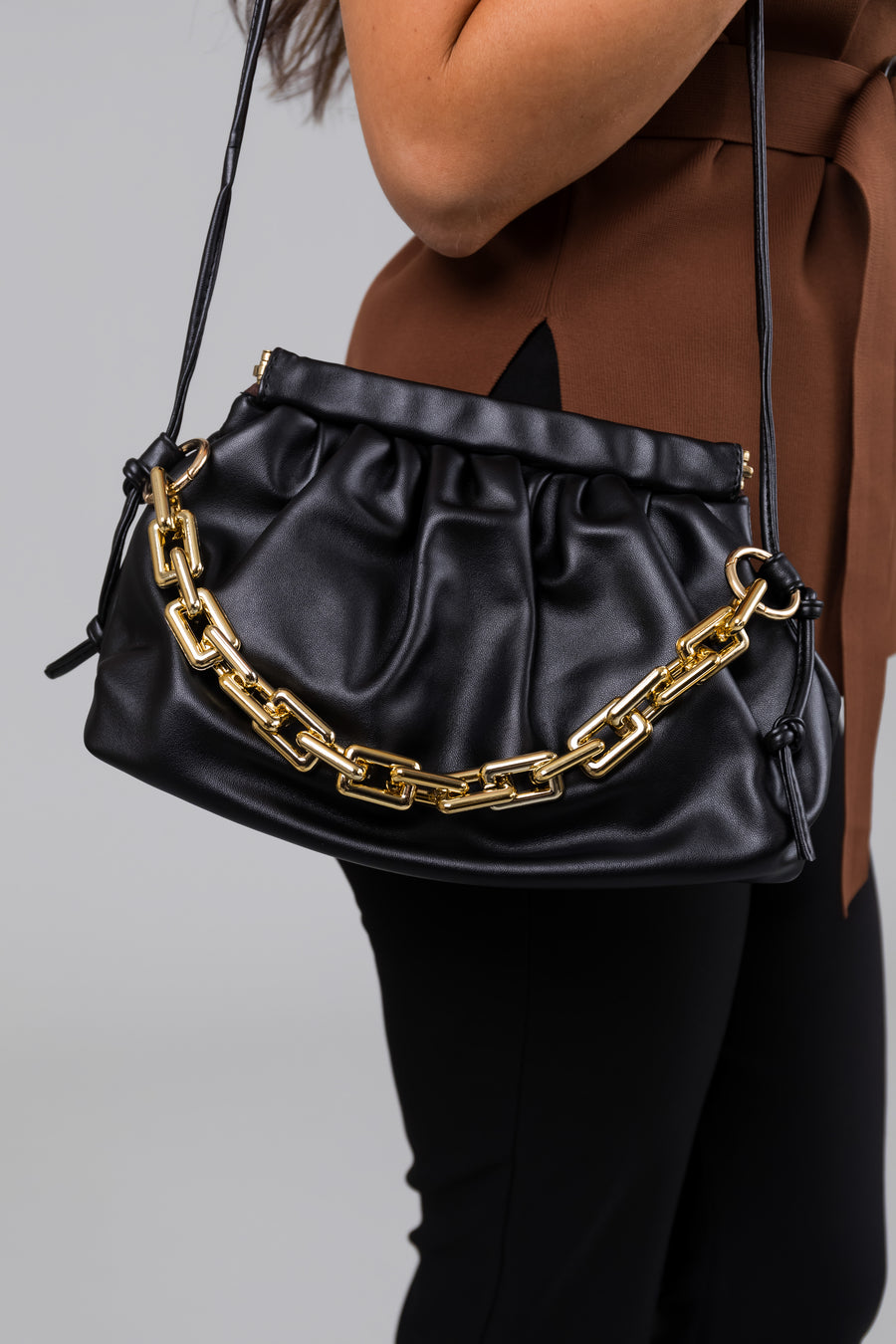Black Leather Crossbody Hinge Frame Clutch Bag