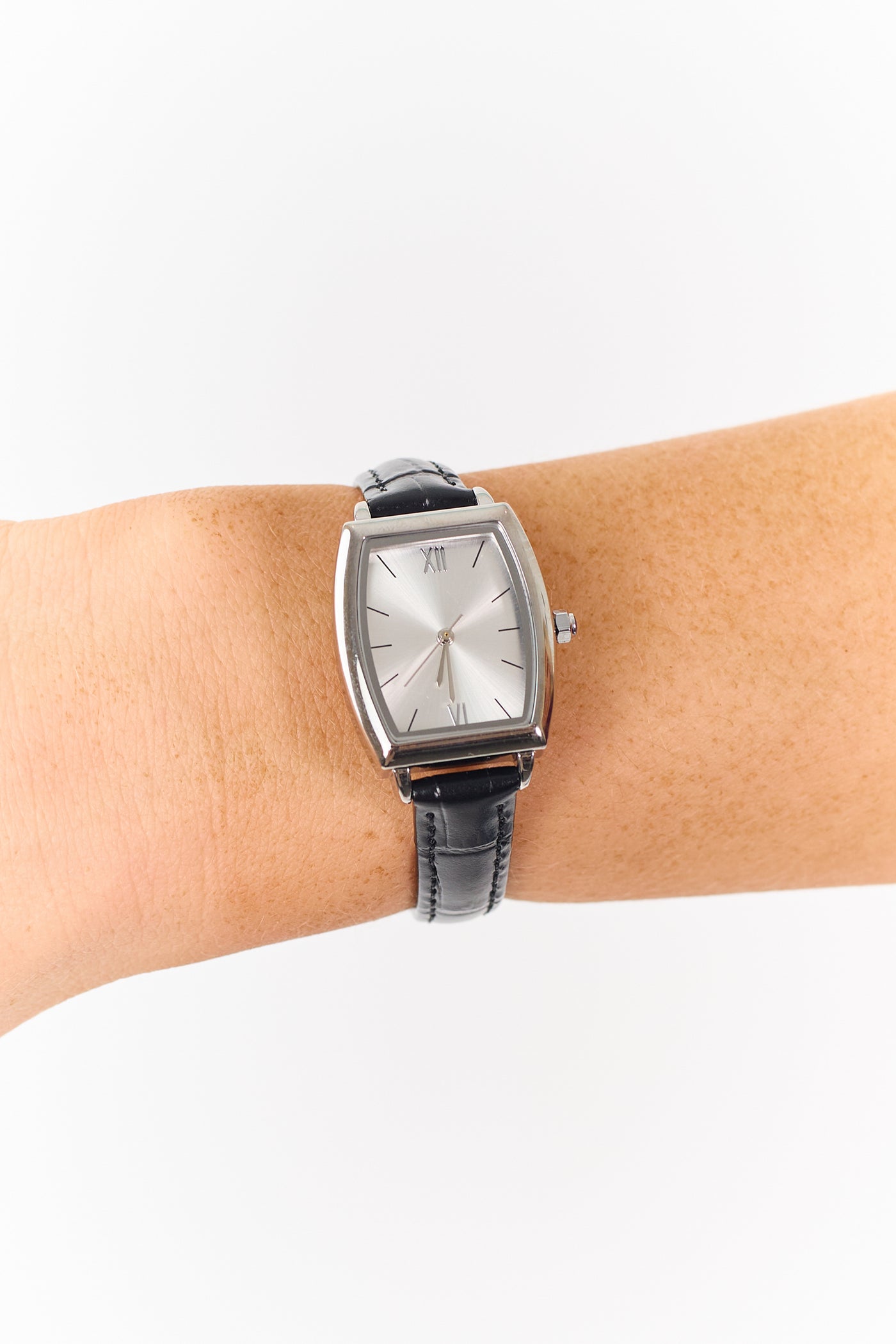 Black Leather Thin Strap Rectangle Face Watch