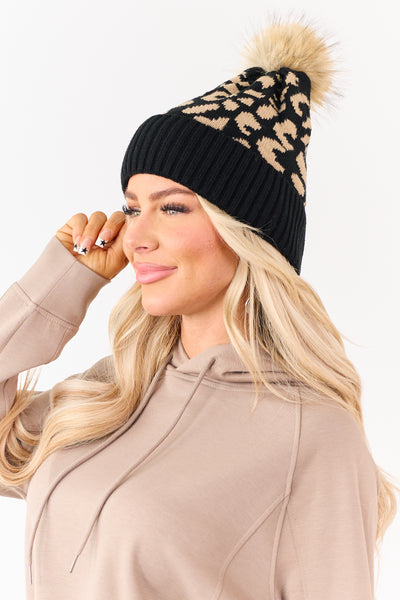 Black Leopard Pattern Rib Knit Pom Pom Beanie