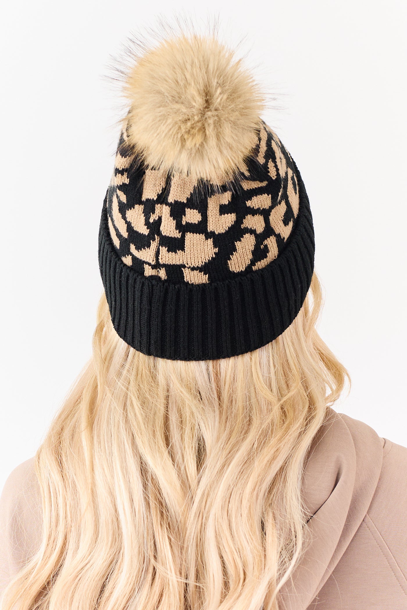Black Leopard Pattern Rib Knit Pom Pom Beanie