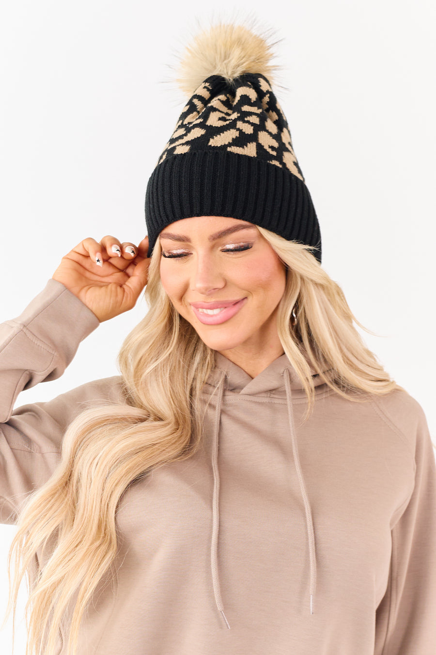 Black Leopard Pattern Rib Knit Pom Pom Beanie