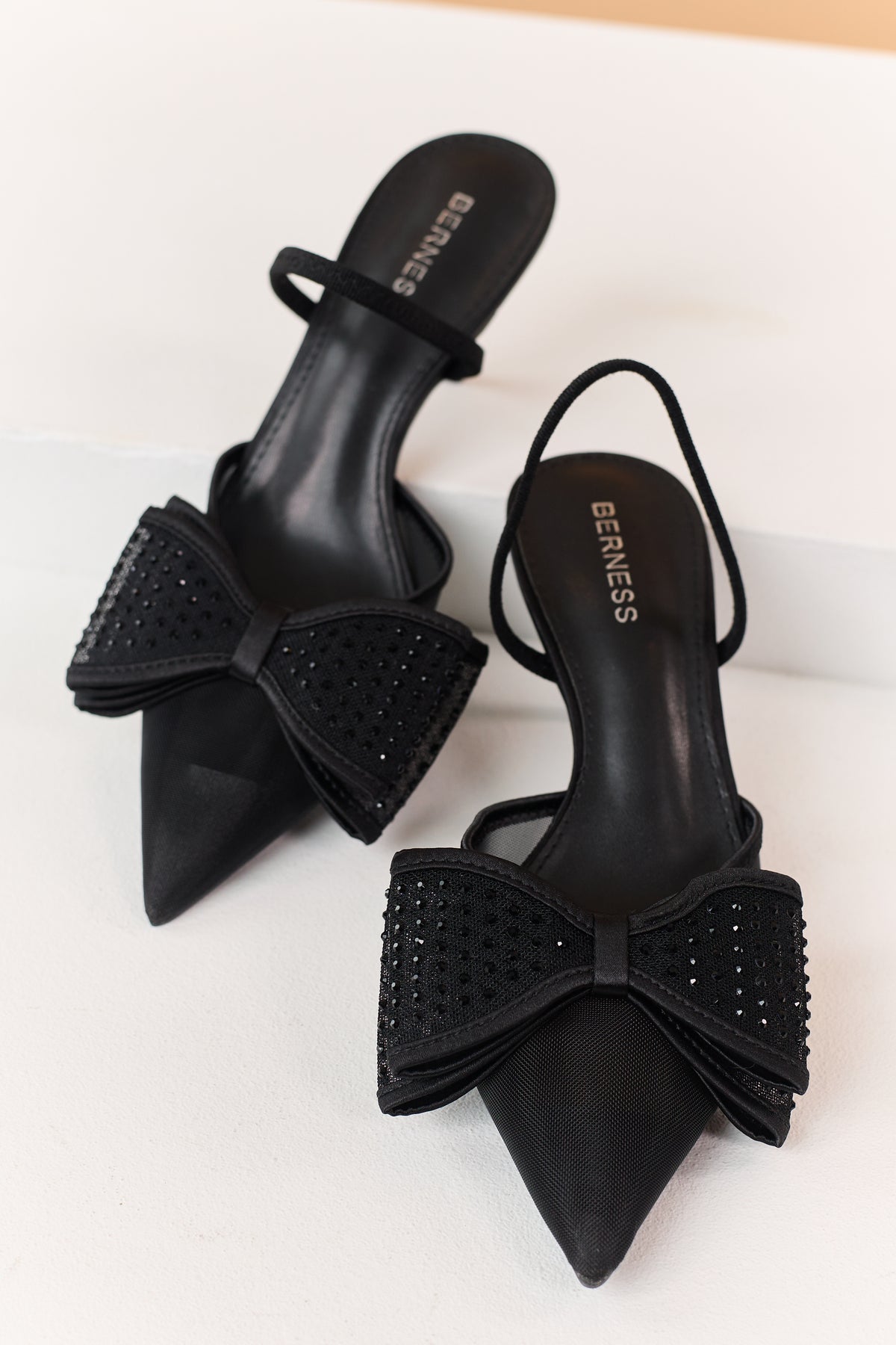 Black Mesh Rhinestone Bow Sling Back Kitten Heels