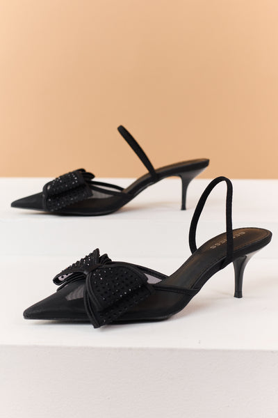 Black Mesh Rhinestone Bow Sling Back Kitten Heels