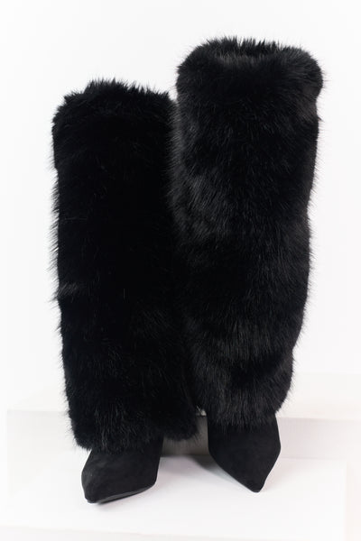 Black Microsuede Faux Fur Overlay Stiletto Boots