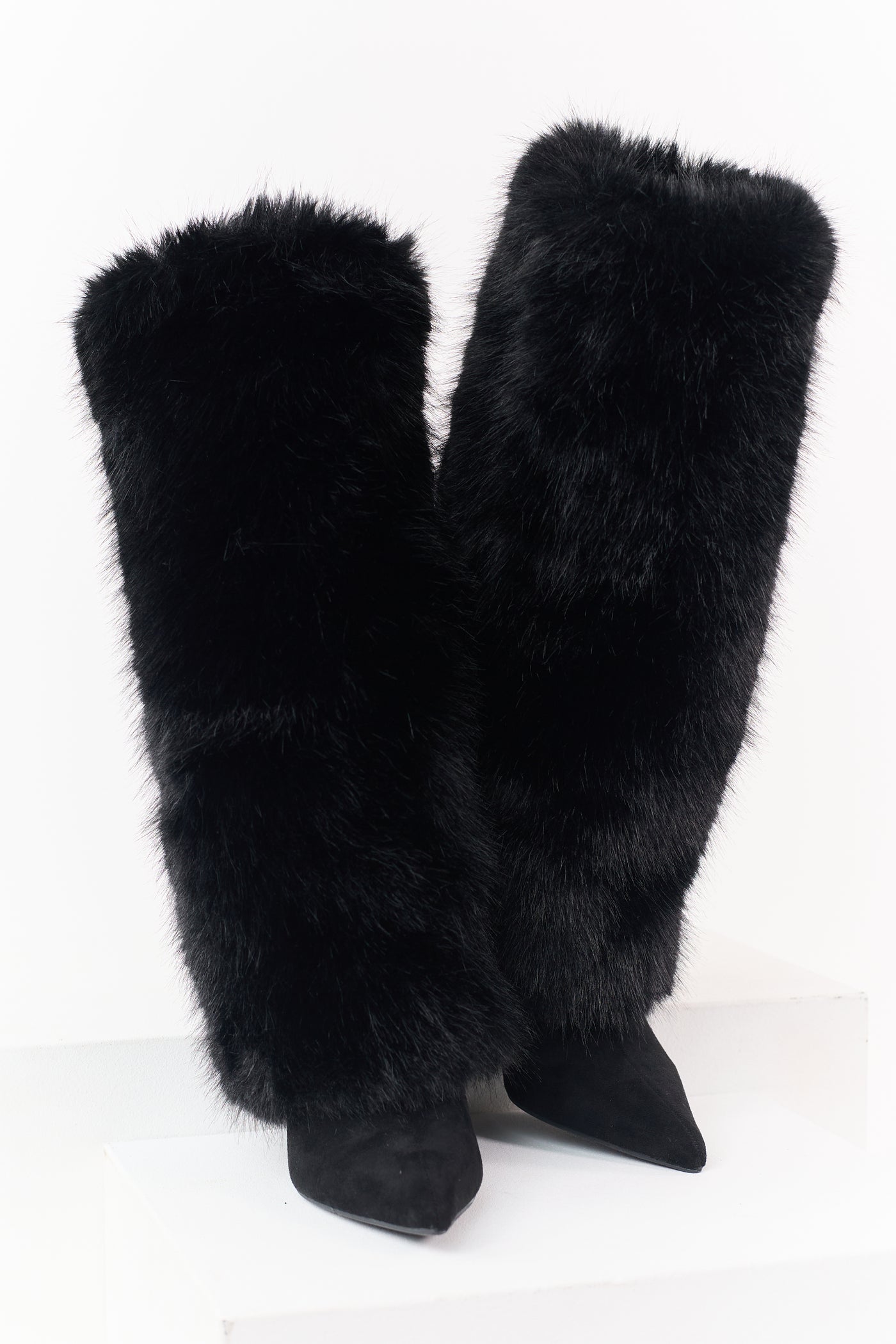 Black Microsuede Faux Fur Overlay Stiletto Boots