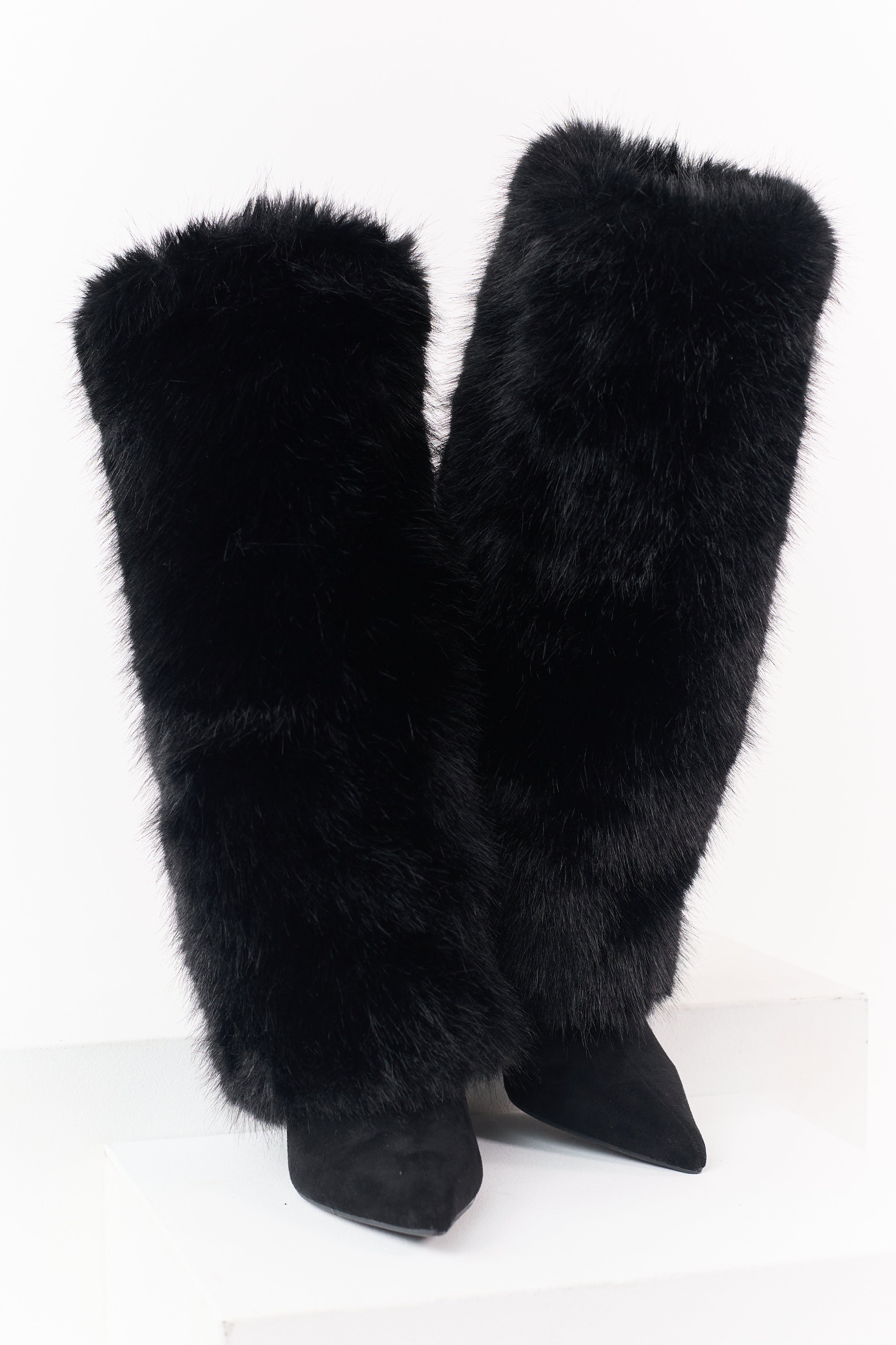 Black Microsuede Faux Fur Overlay Stiletto Boots