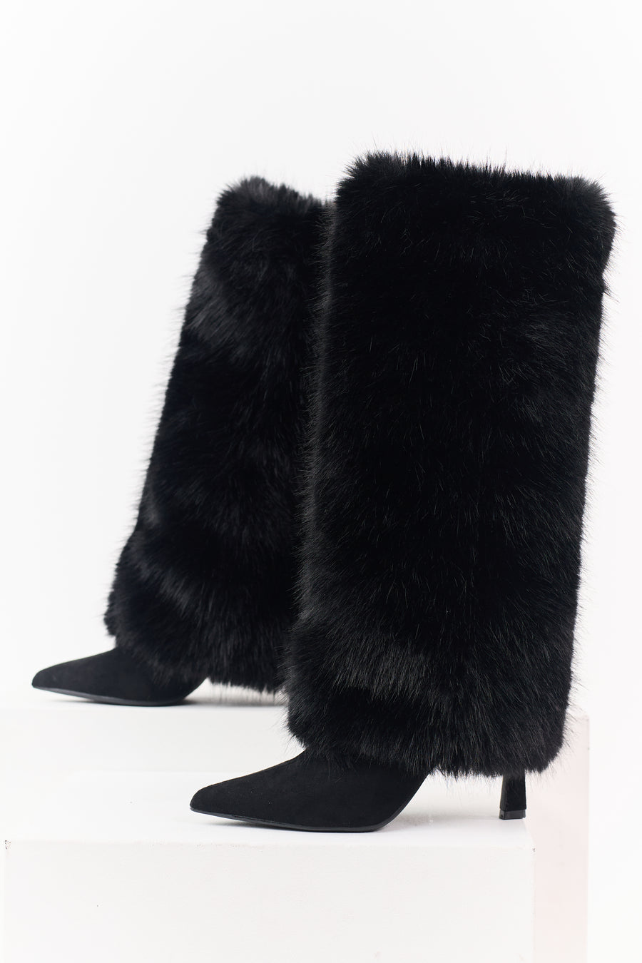 Black Microsuede Faux Fur Overlay Stiletto Boots