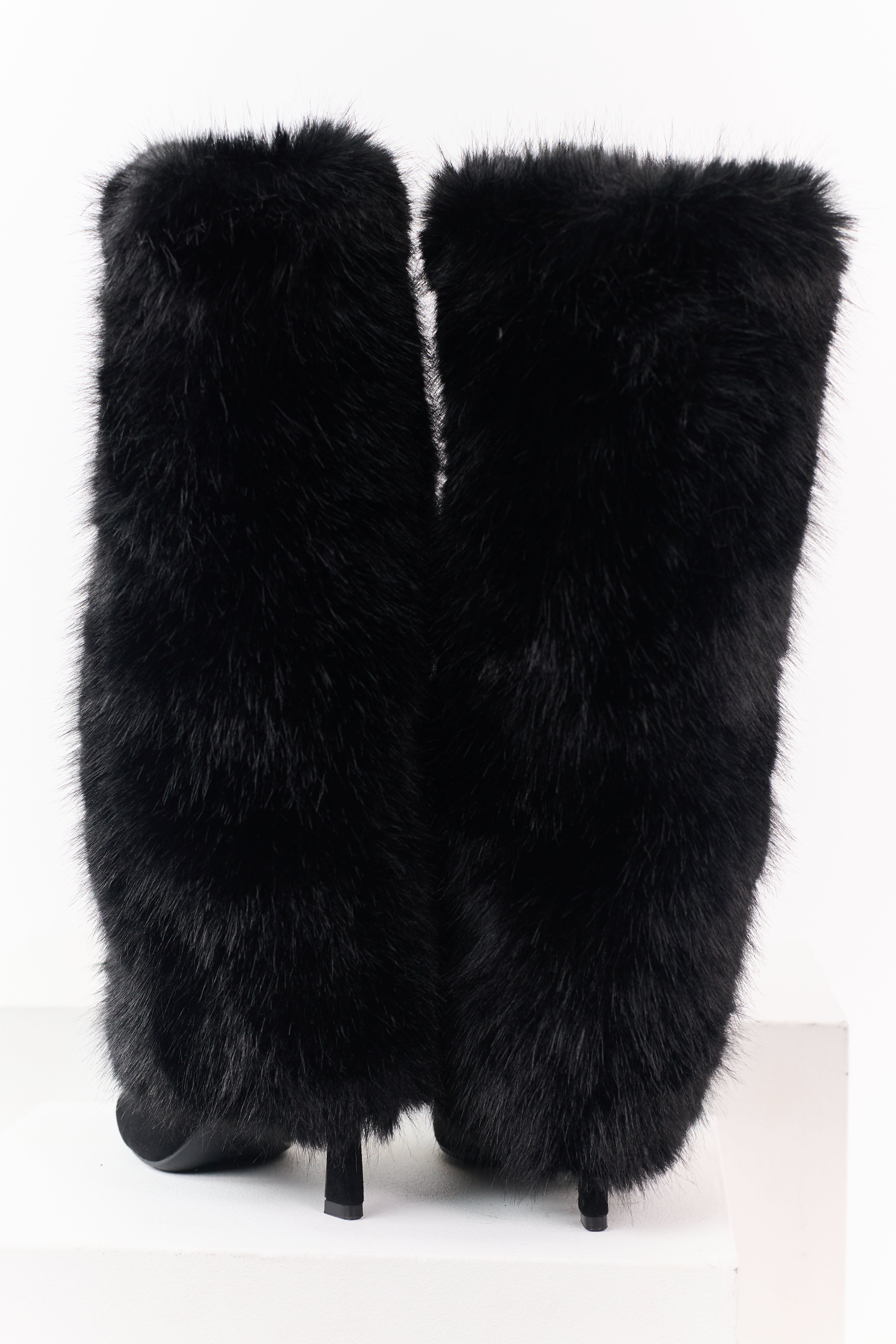 Black Microsuede Faux Fur Overlay Stiletto Boots