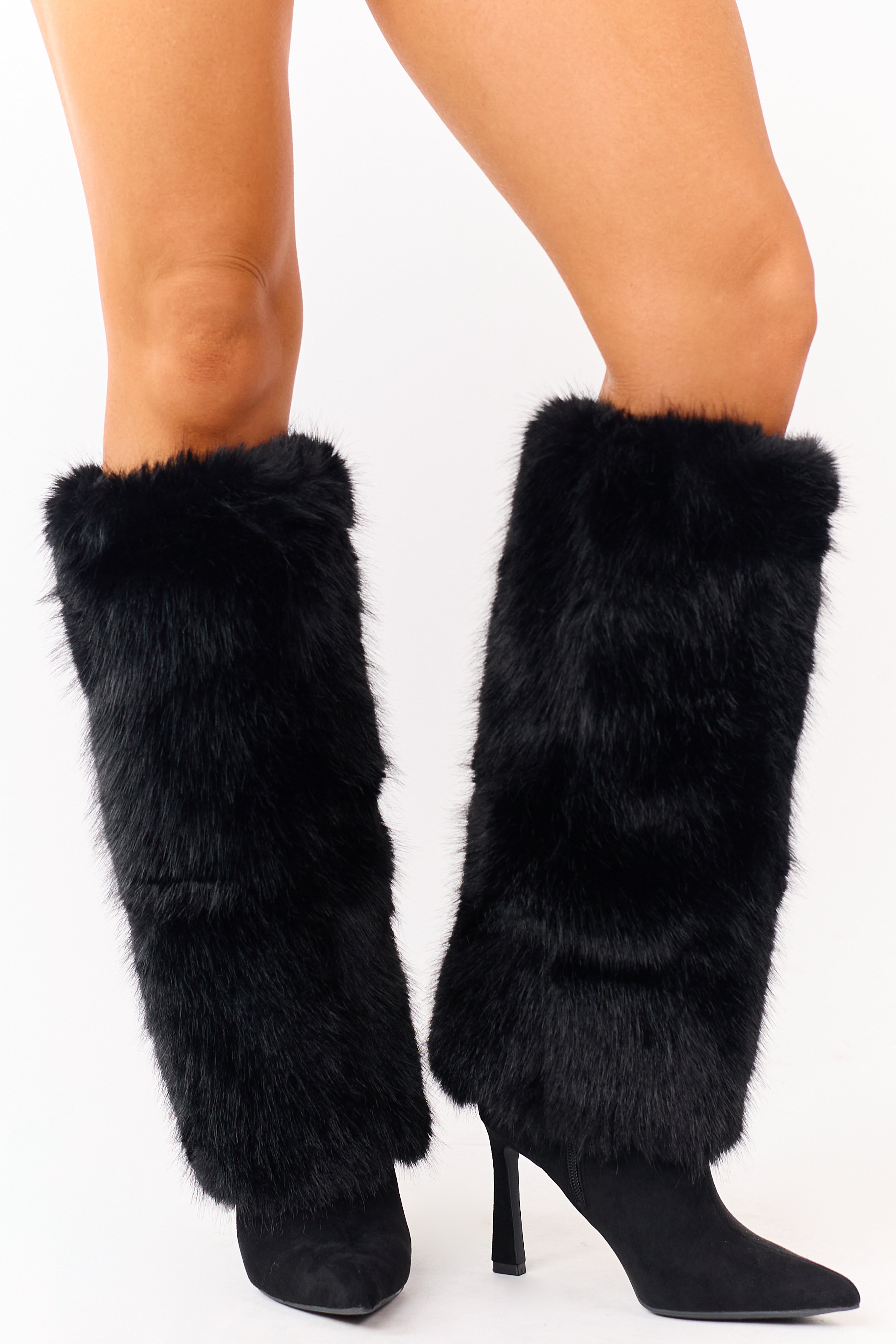 Black Microsuede Faux Fur Overlay Stiletto Boots