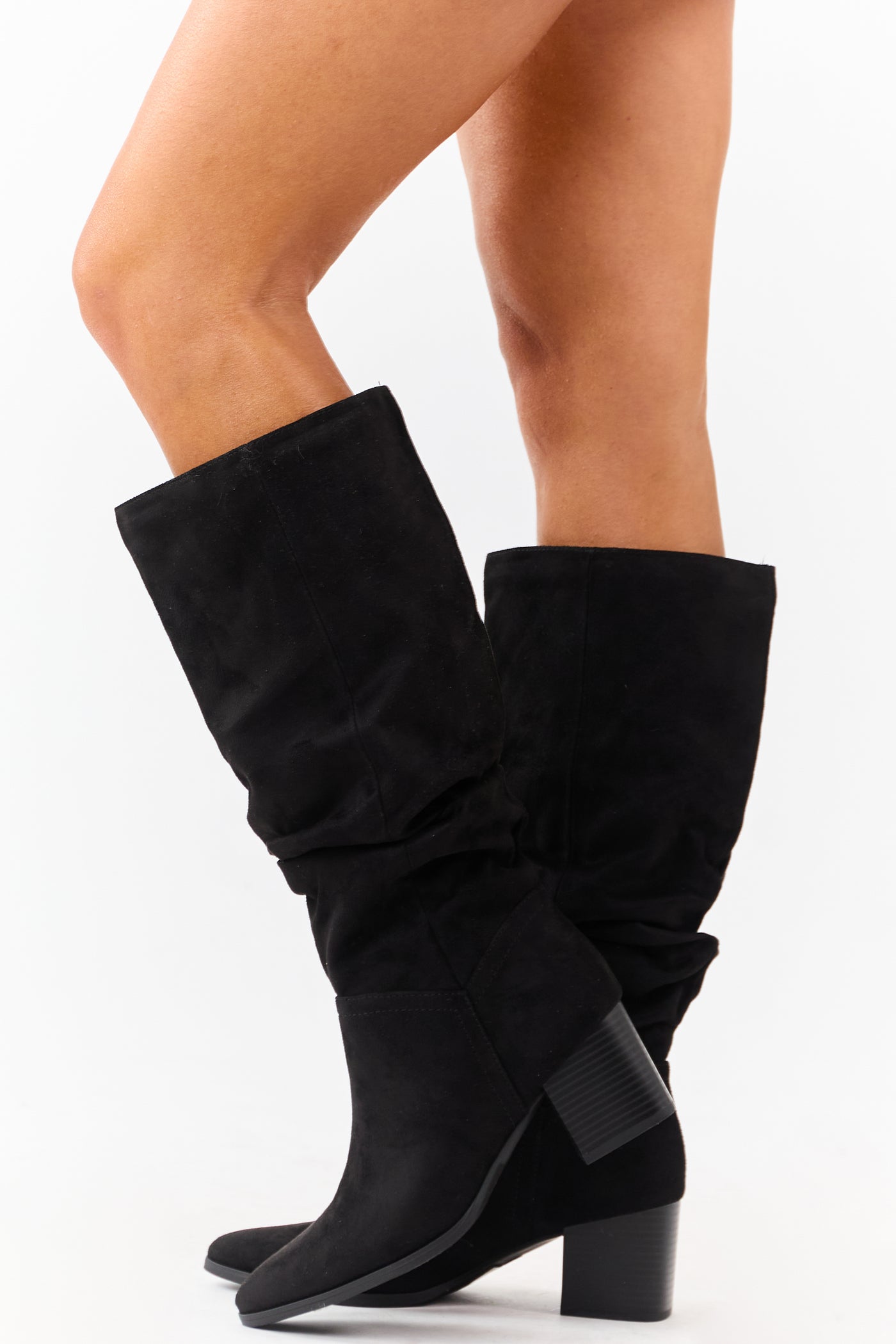 Black Microsuede Slouch Block Heel Tall Boots