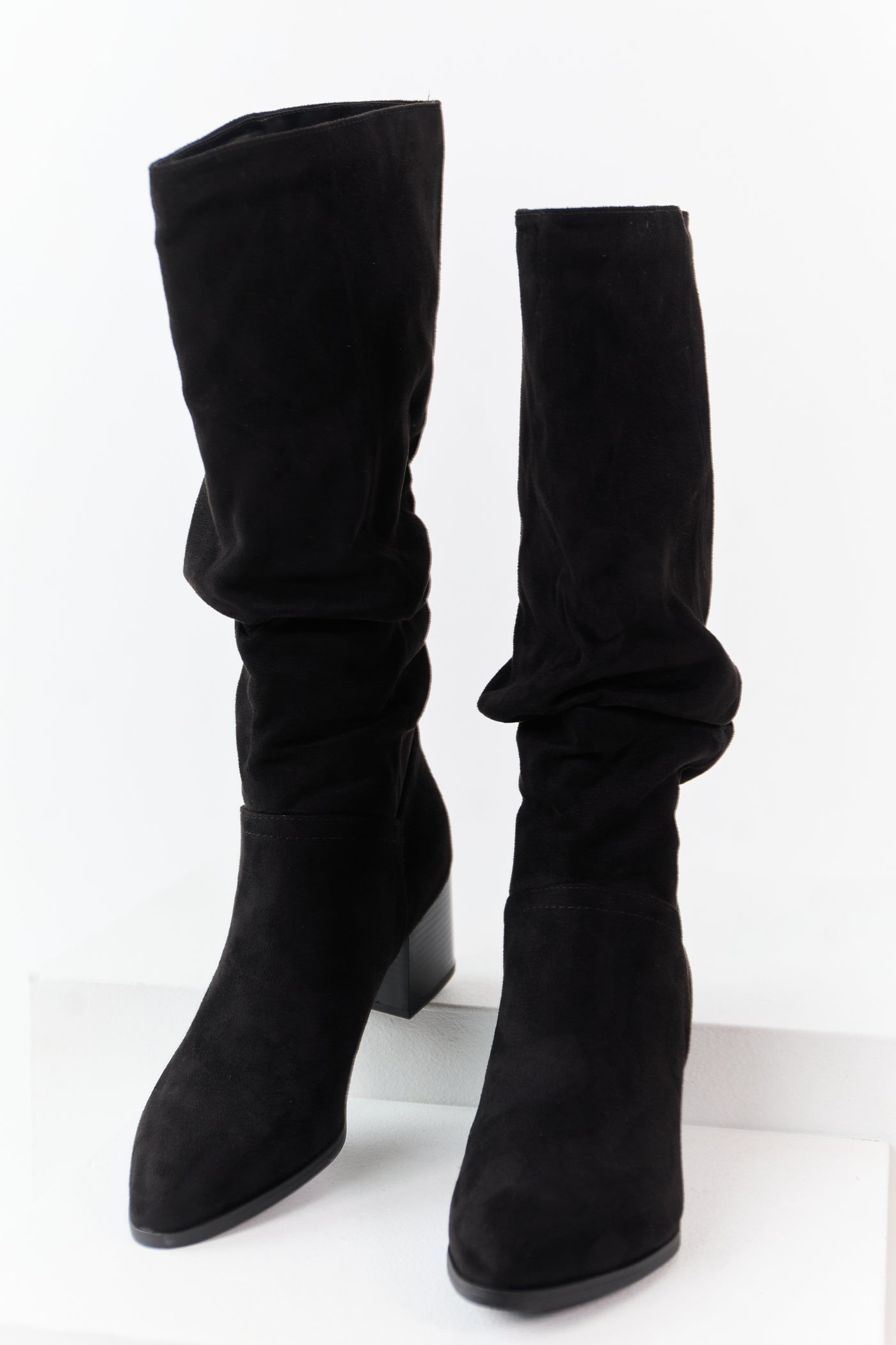 Black Microsuede Slouch Block Heel Tall Boots