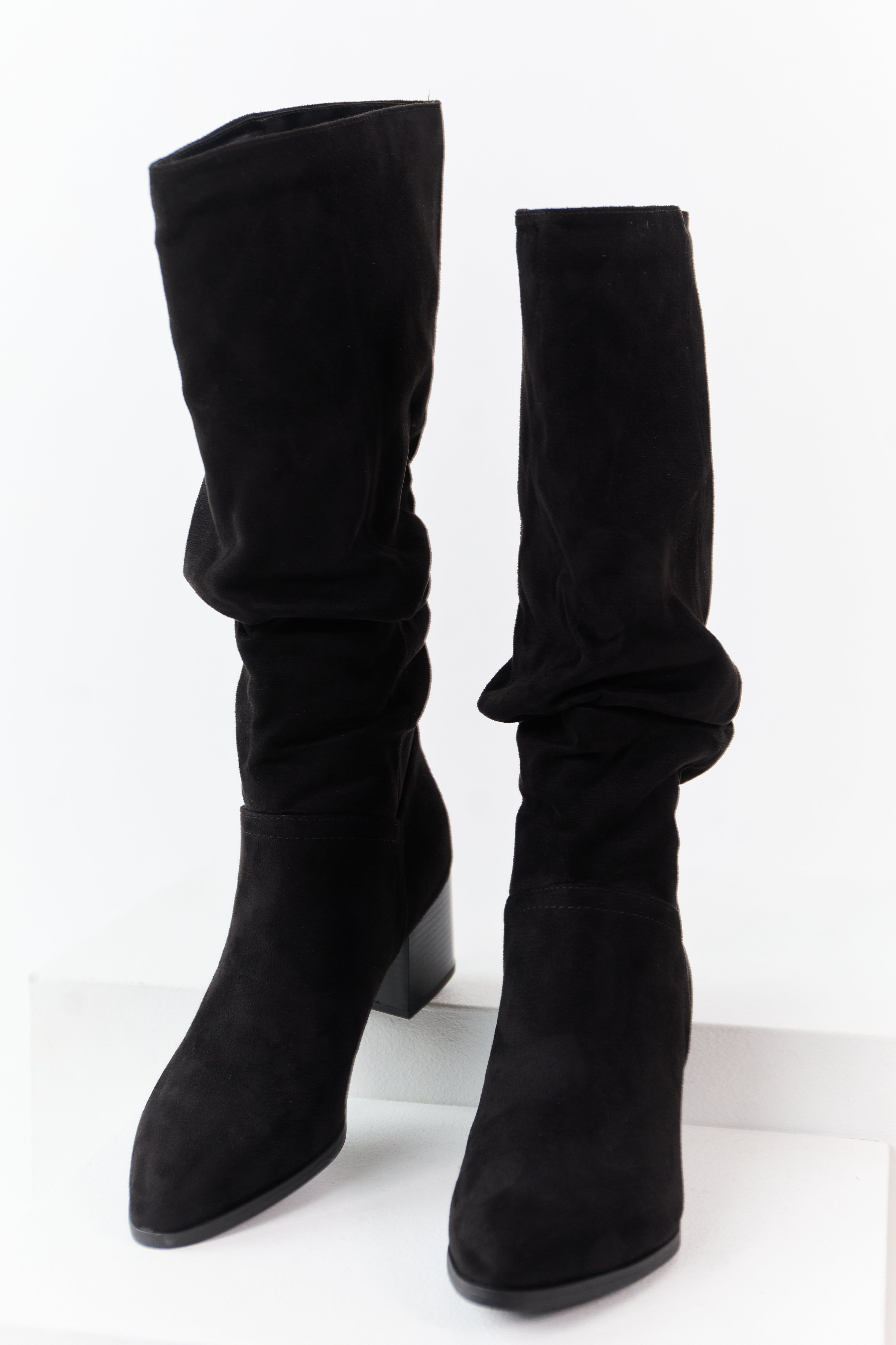 Black Microsuede Slouch Block Heel Tall Boots