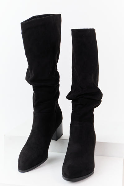 Black Microsuede Slouch Block Heel Tall Boots