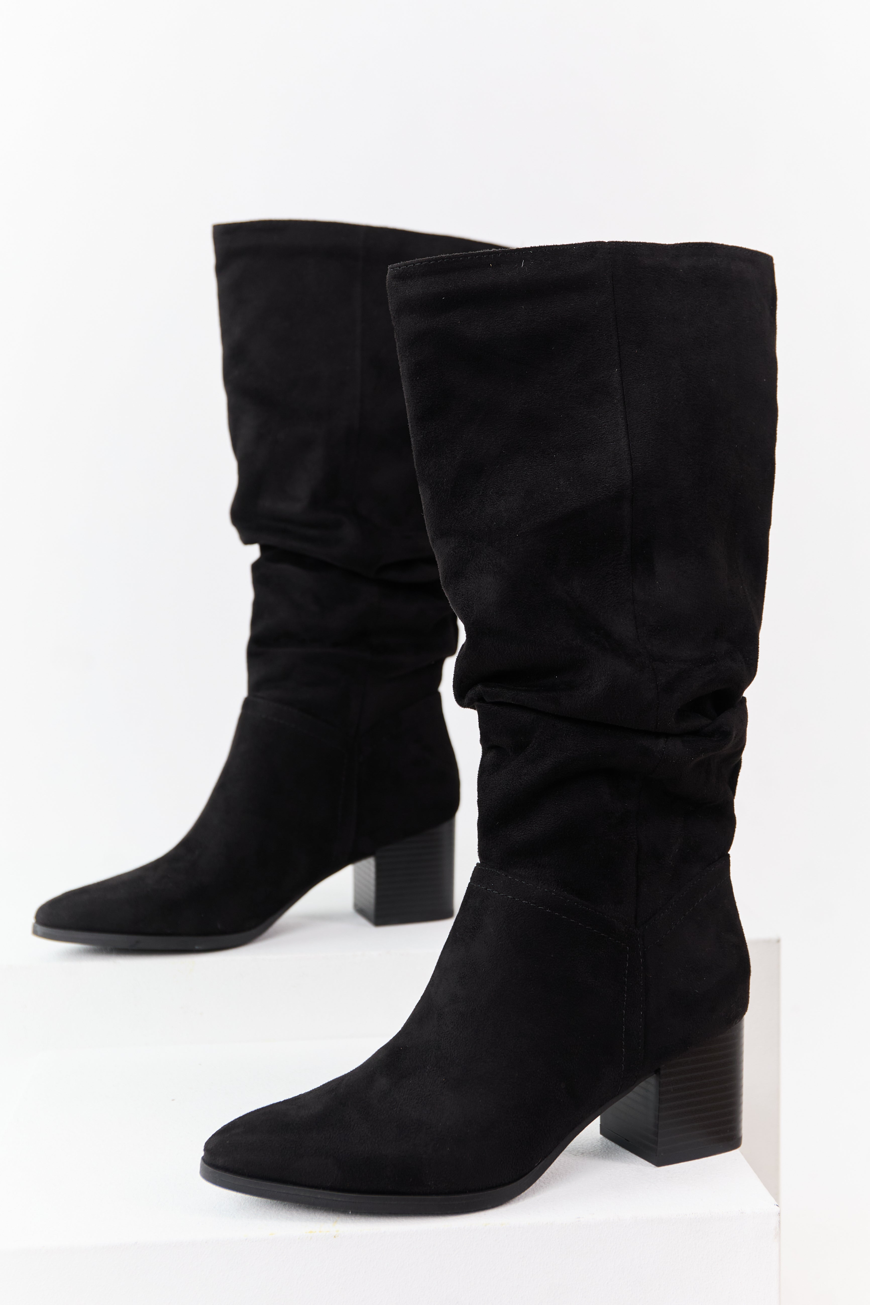 Black Microsuede Slouch Block Heel Tall Boots | Lime Lush Boutique