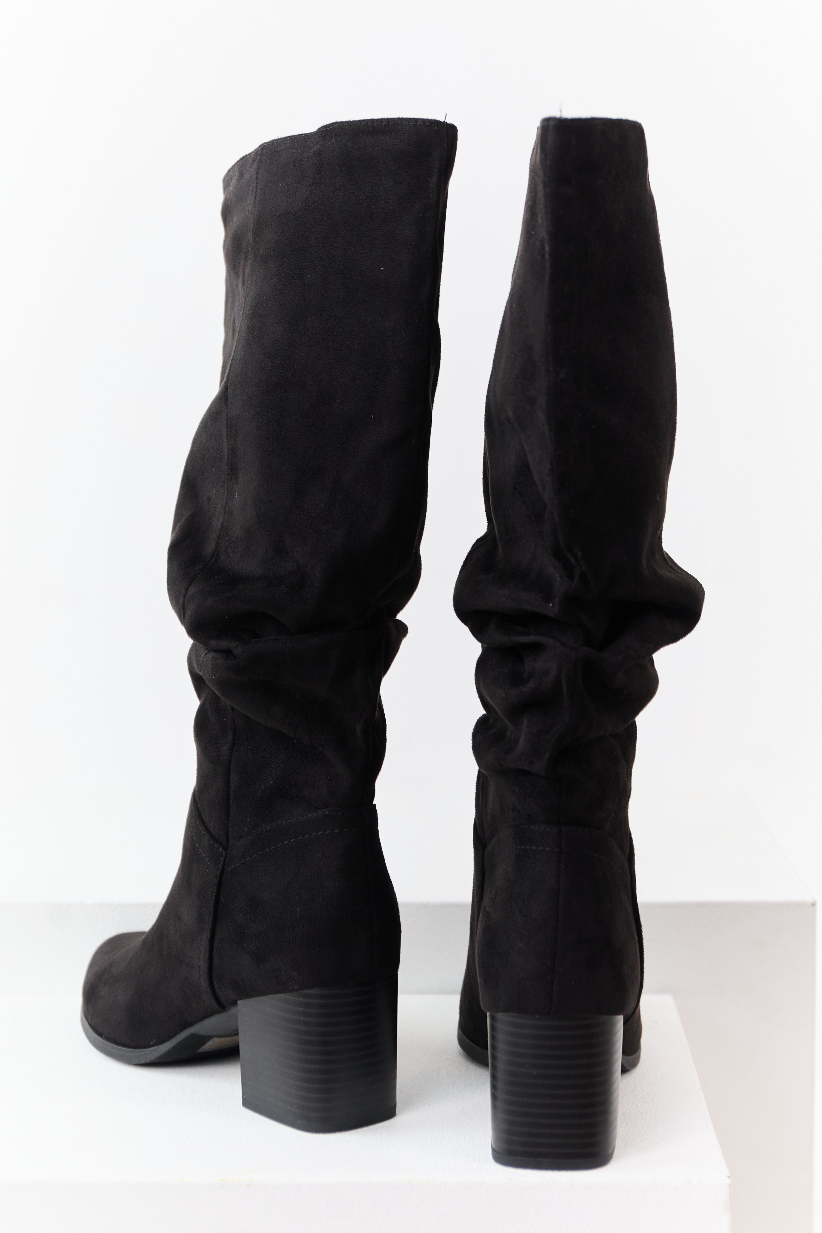 Black Microsuede Slouch Block Heel Tall Boots
