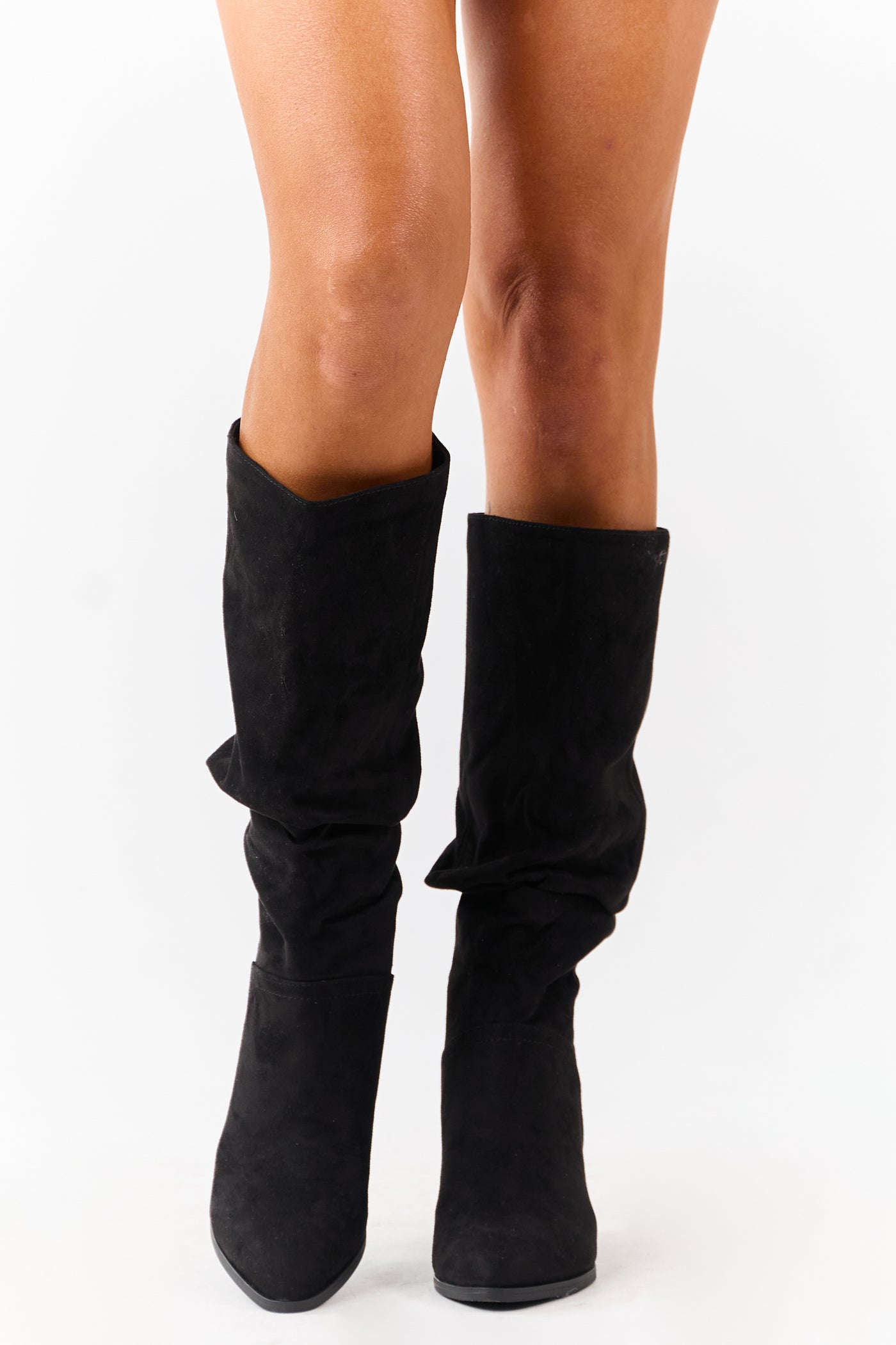 Black Microsuede Slouch Block Heel Tall Boots