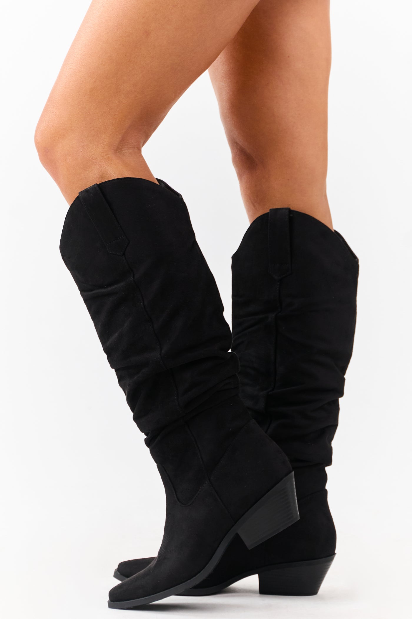 Black Microsuede Western Style Slouch Tall Boots