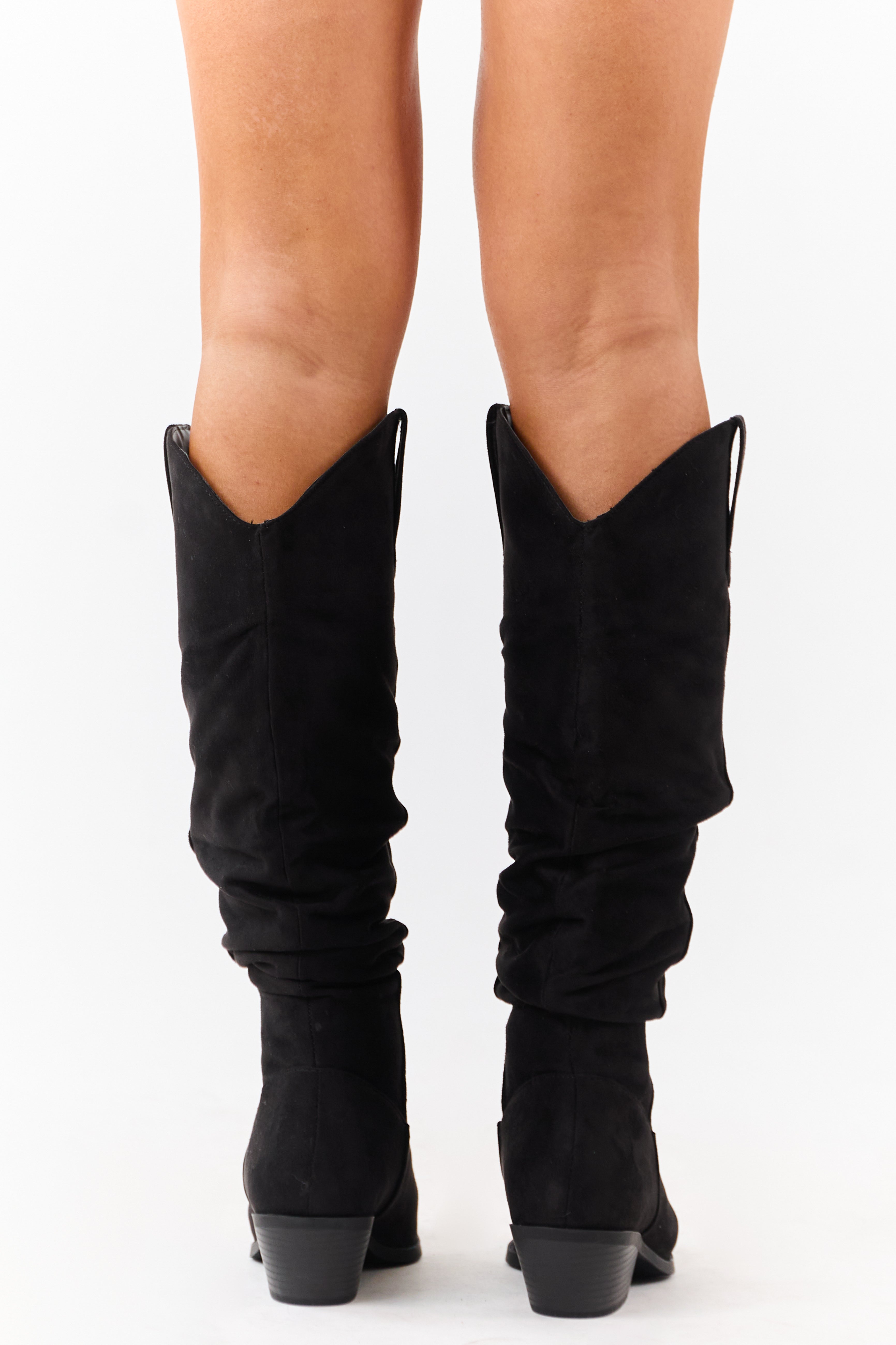Black Microsuede Western Style Slouch Tall Boots | Lime Lush Boutique