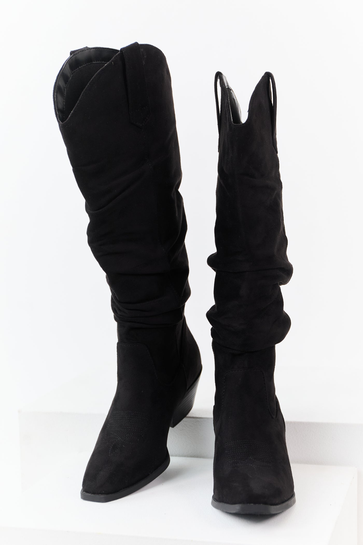 Black Microsuede Western Style Slouch Tall Boots
