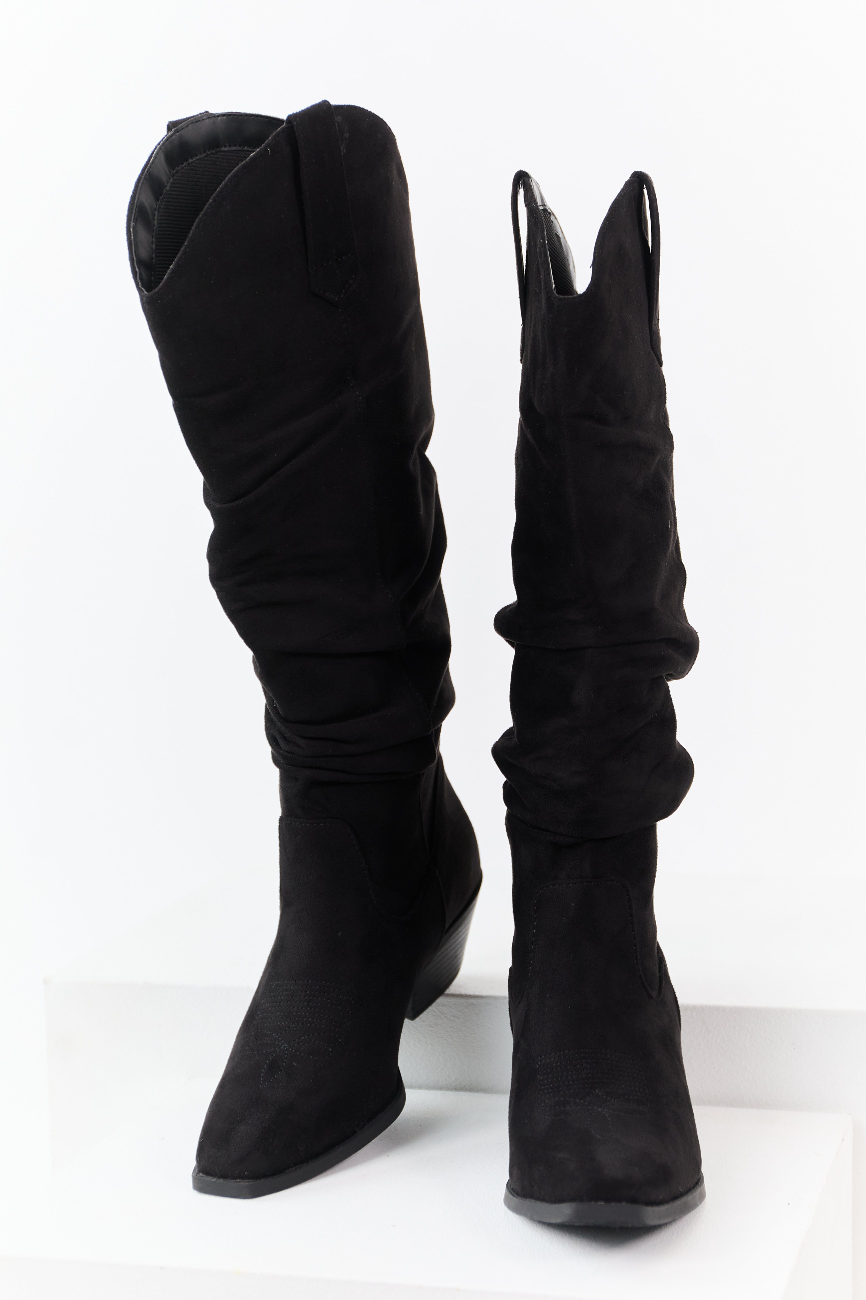 Black Microsuede Western Style Slouch Tall Boots
