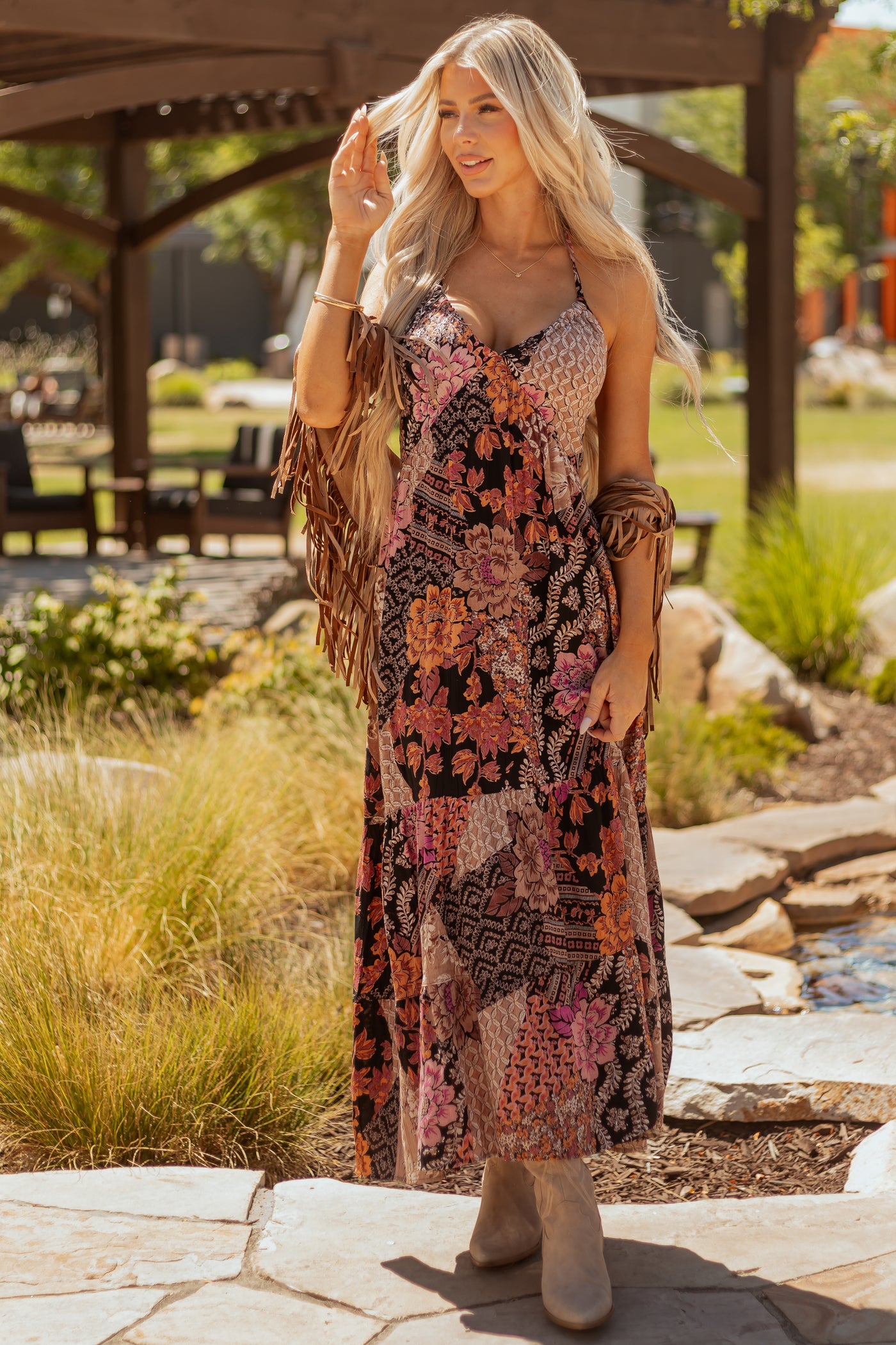 Black Mixed Floral Print Halter Neck Maxi Dress
