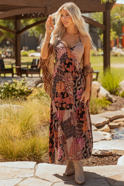 Black Mixed Floral Print Halter Neck Maxi Dress