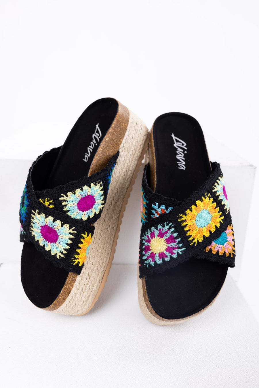 Black Multicolor Crochet Espadrille Sandals