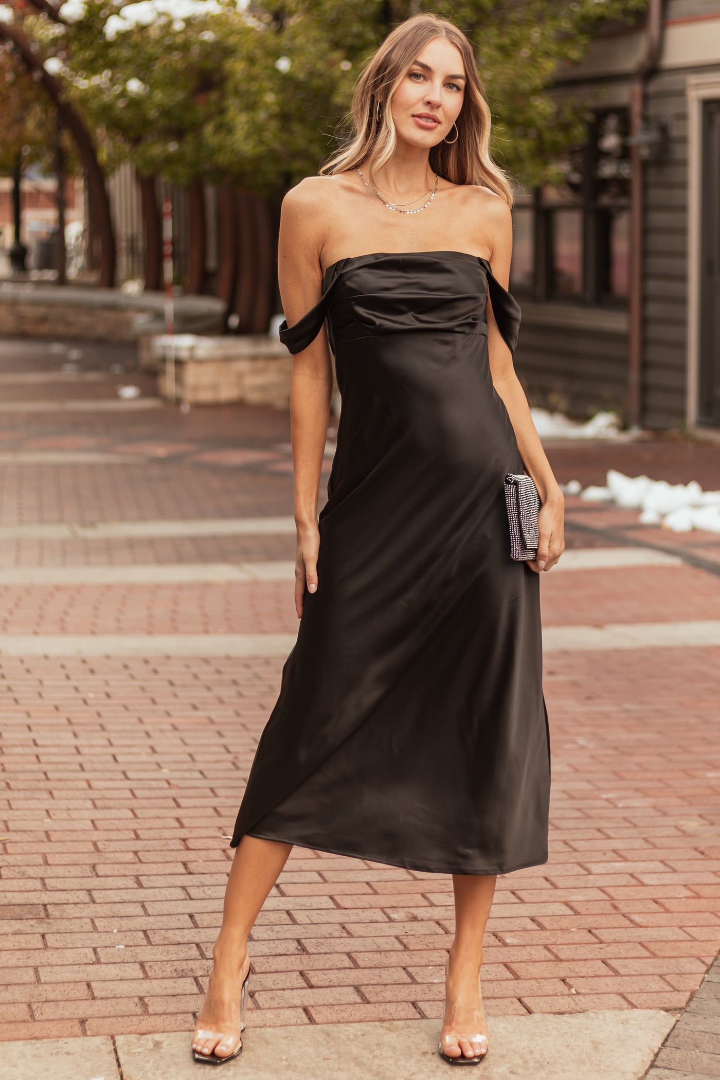 Black Off the Shoulder Satin Ruched Midi Dress Black Off the Shoulder Satin Ruched Midi Dress