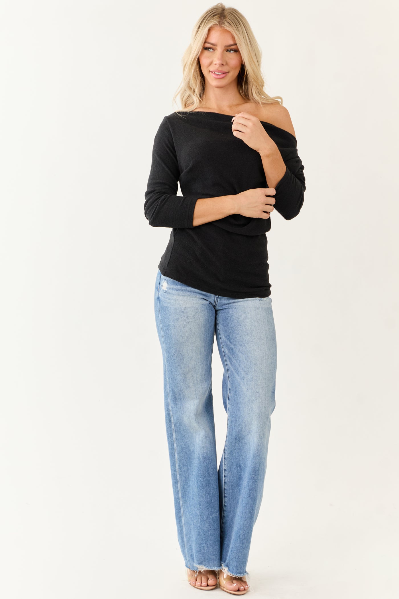 Black One Shoulder Ruched Long Sleeve Top