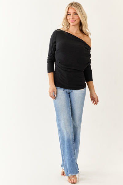 Black One Shoulder Ruched Long Sleeve Top