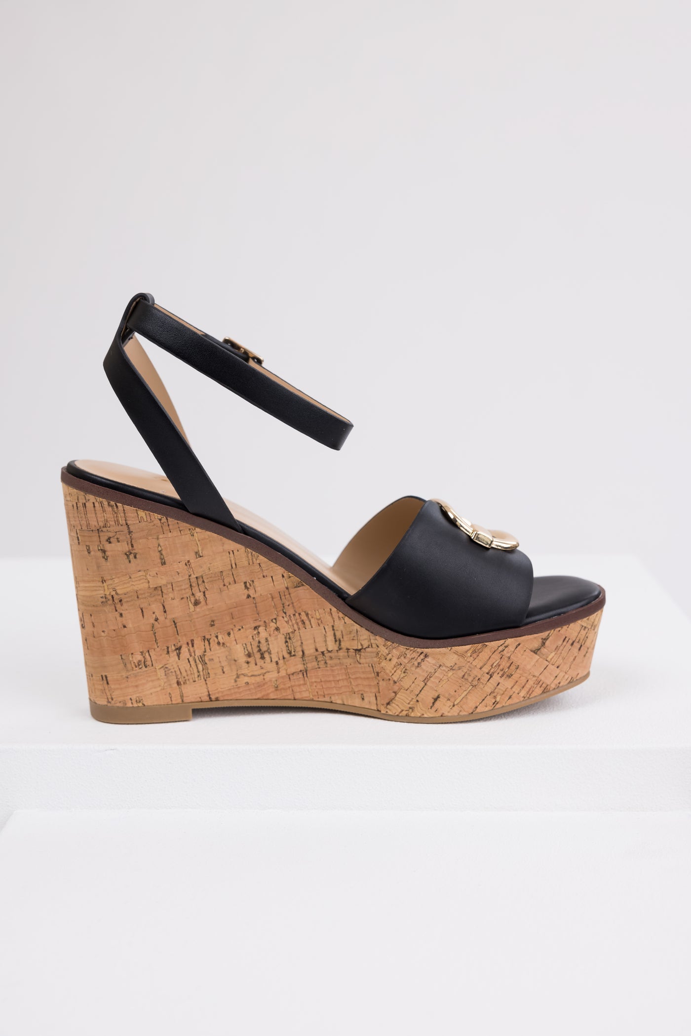 Black Open Toe Wedges with Gold Buckle Detail