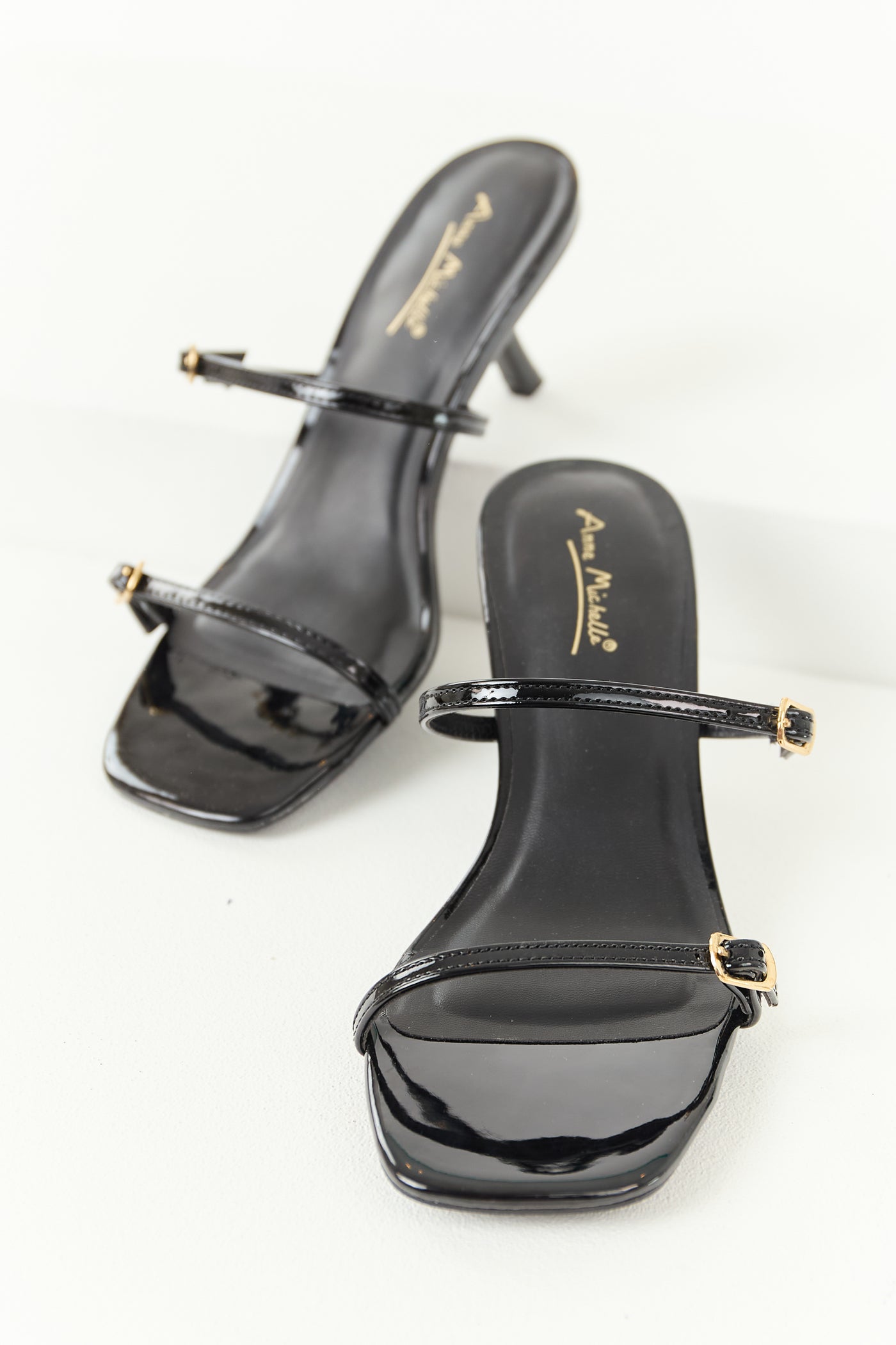 Black Patent Faux Leather Open Toe Slip On Heels