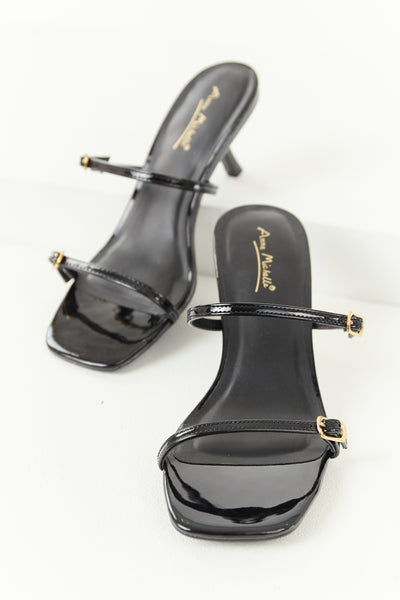 Black Patent Faux Leather Open Toe Slip On Heels