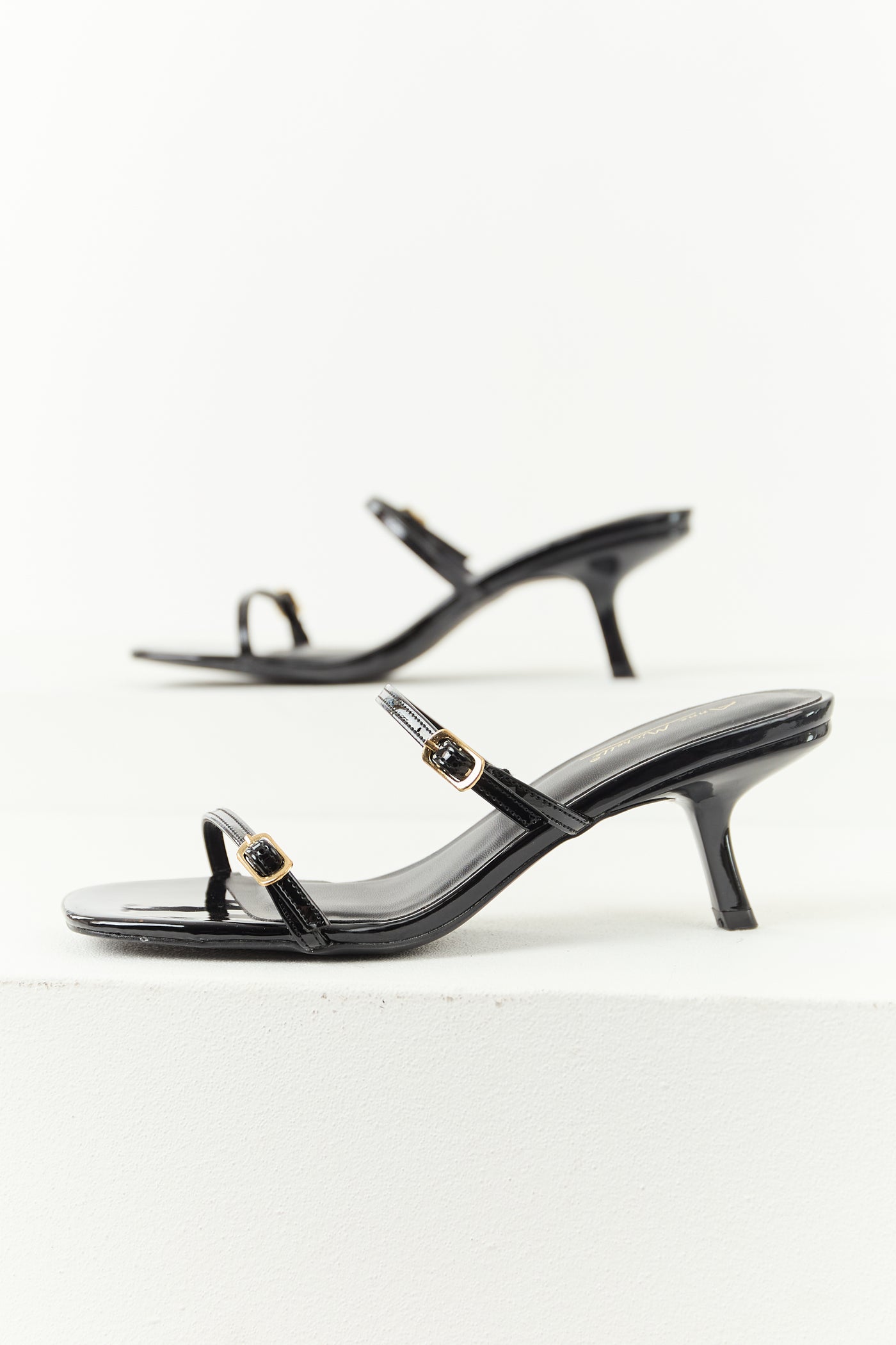 Black Patent Faux Leather Open Toe Slip On Heels