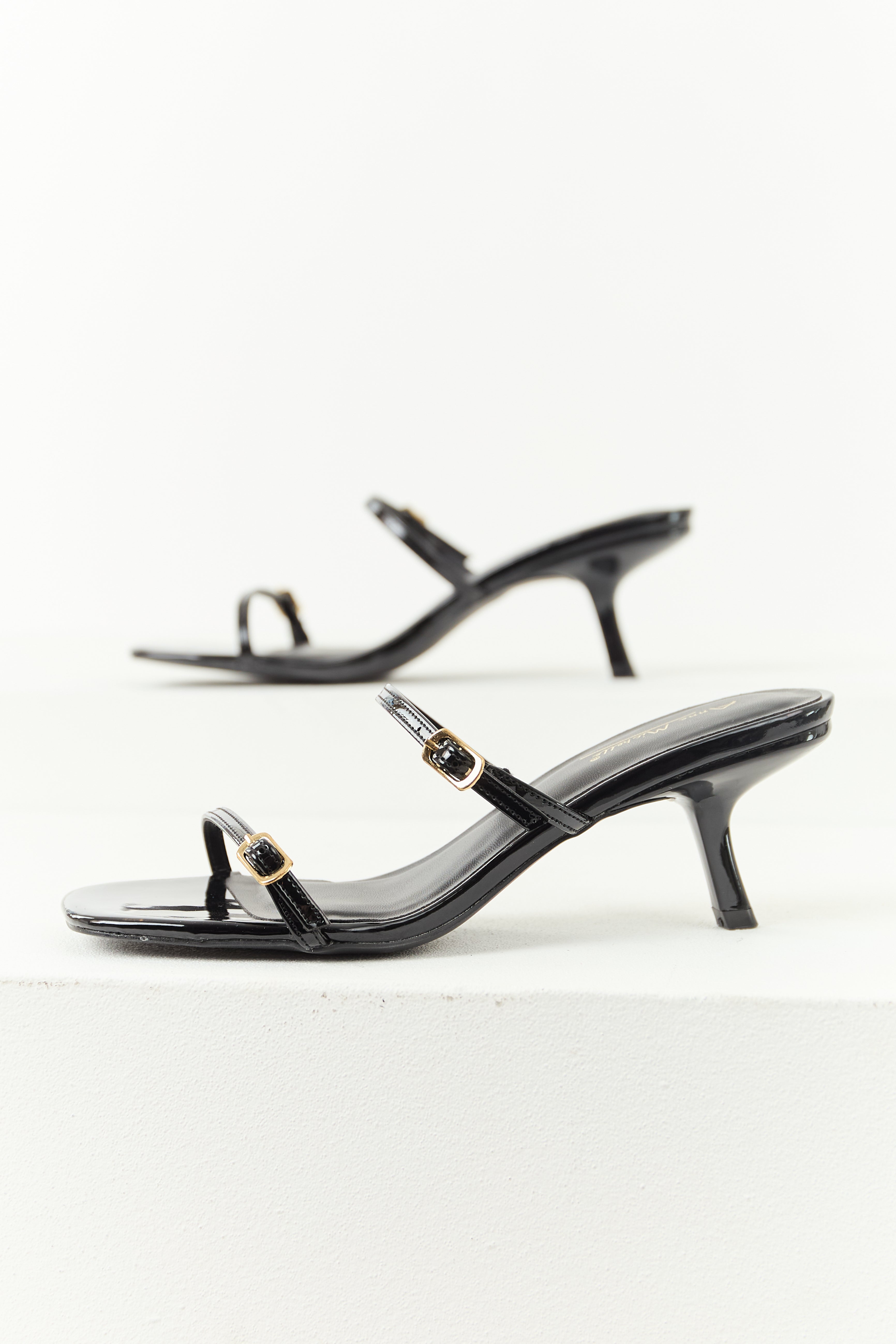 Black Patent Faux Leather Open Toe Slip On Heels