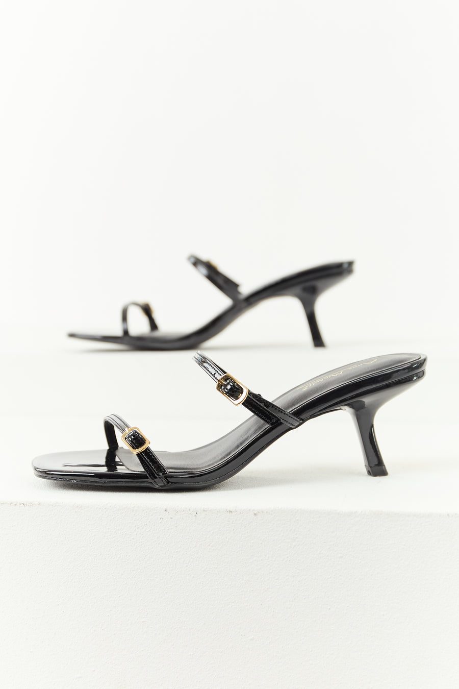 Black Patent Faux Leather Open Toe Slip On Heels