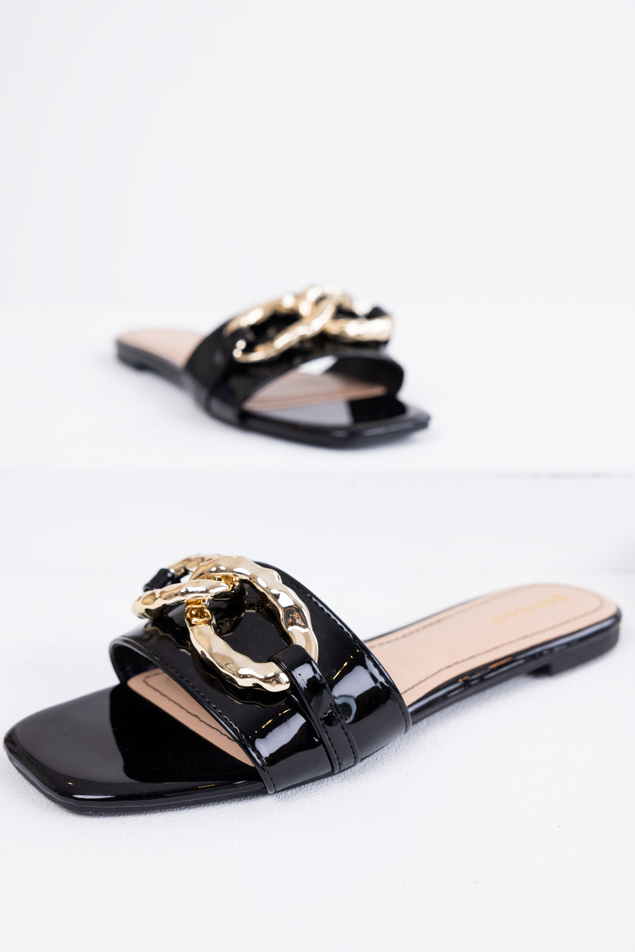 Black Patent Leather Link Chain Flat Sandals