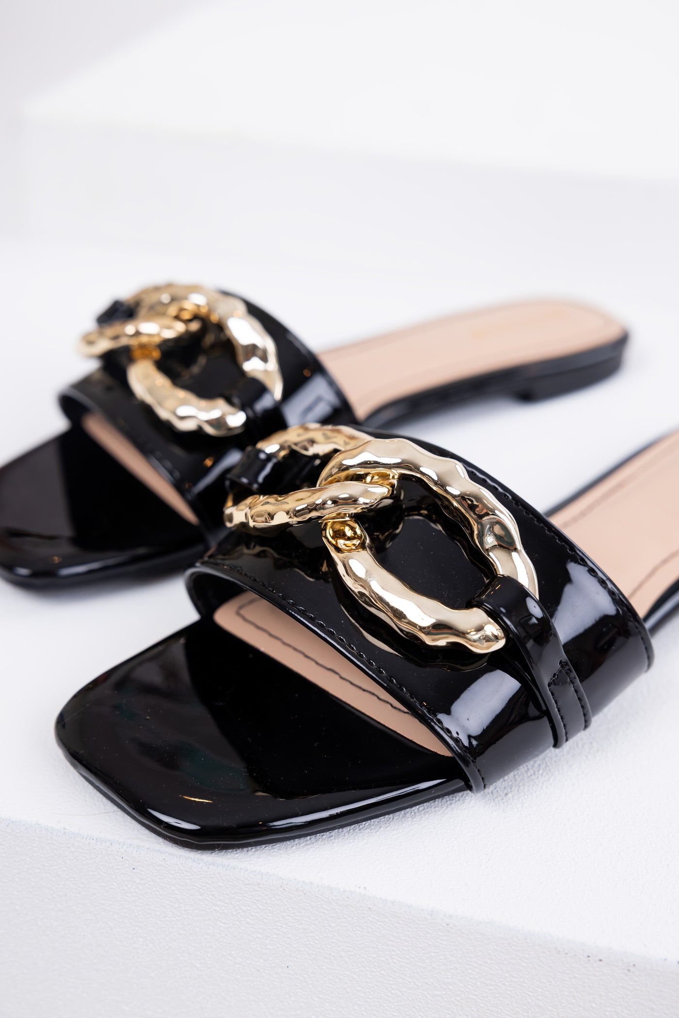 Black Patent Leather Link Chain Flat Sandals