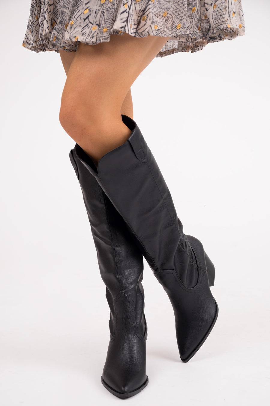 Black Pleather Knee High Western Boots