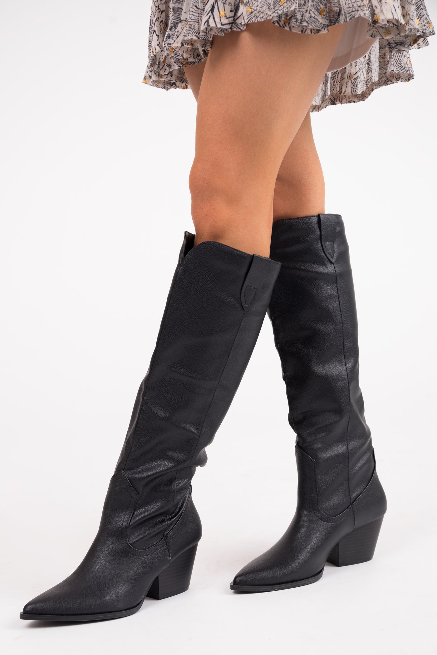 Black Pleather Knee High Western Boots