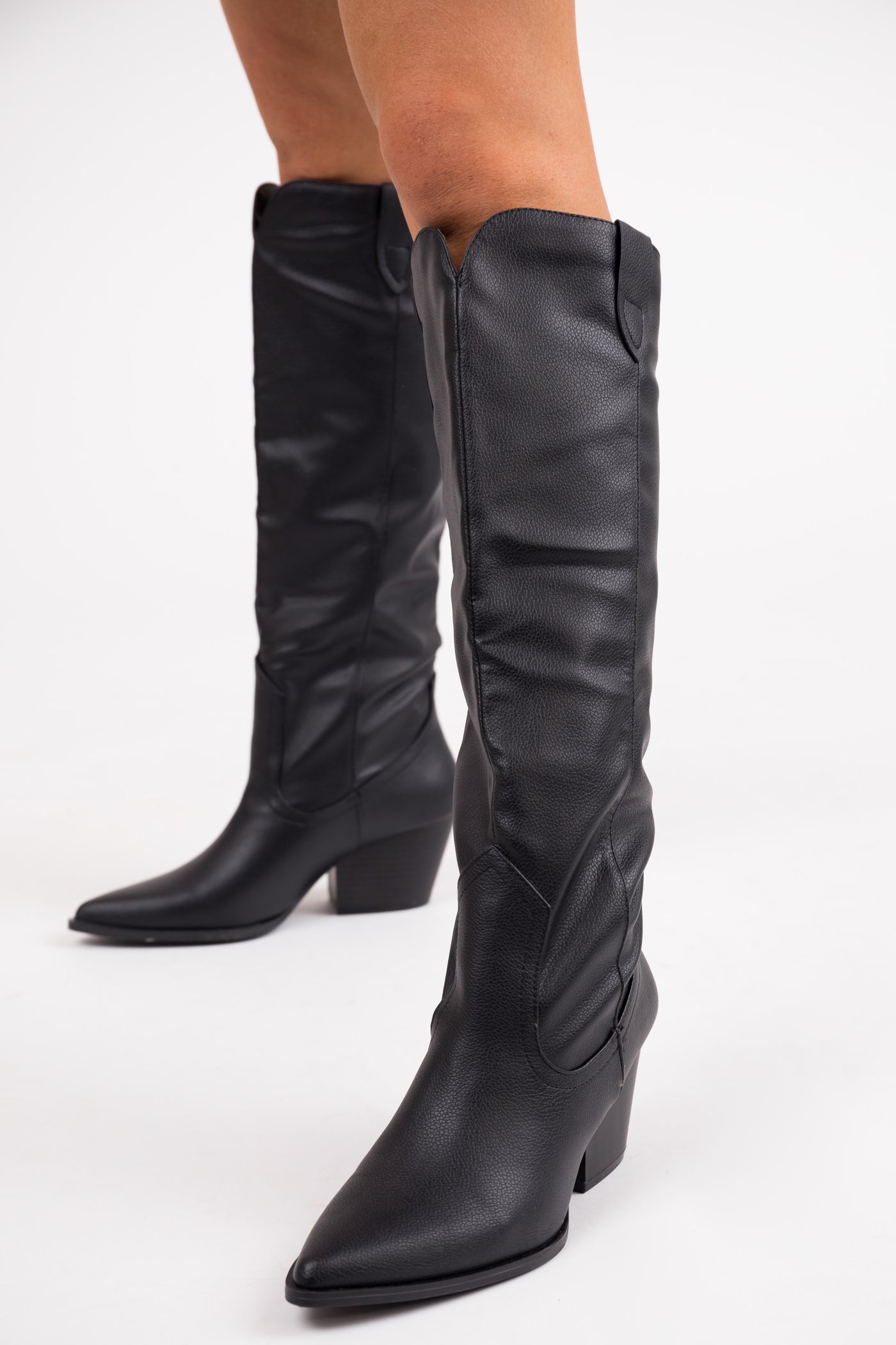 Black Pleather Knee High Western Boots