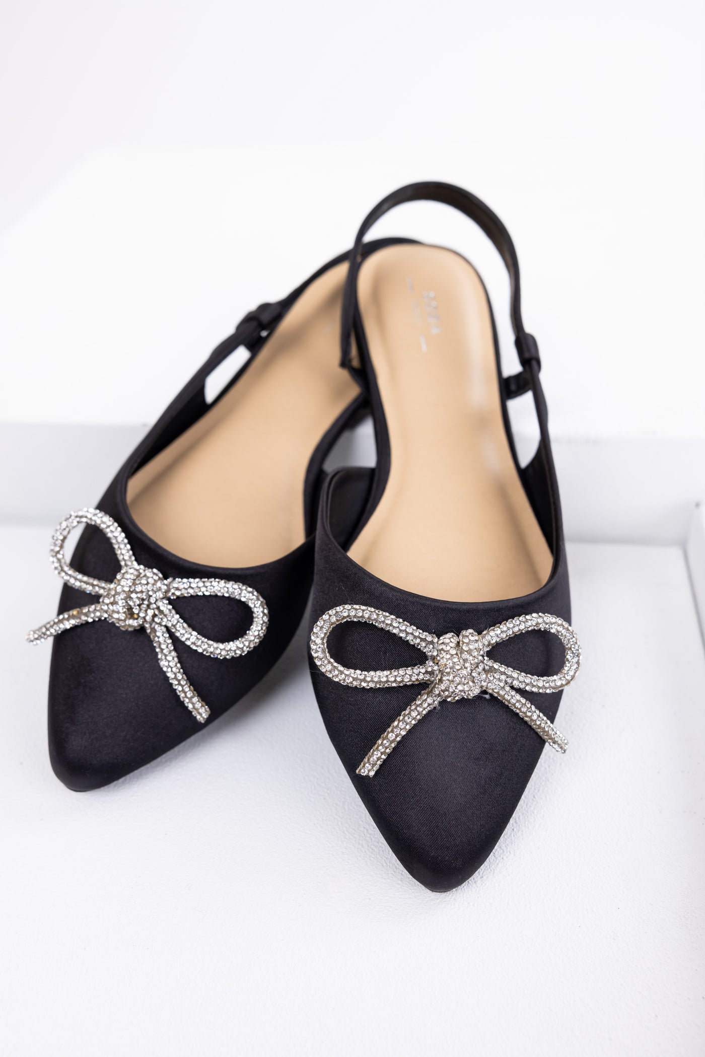 Black Pointed Toe Rhinestone Bow Flat Shoes