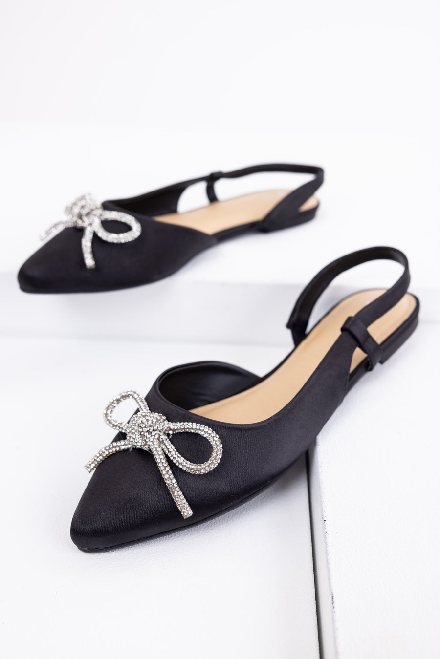 Black Pointed Toe Rhinestone Bow Flat Shoes