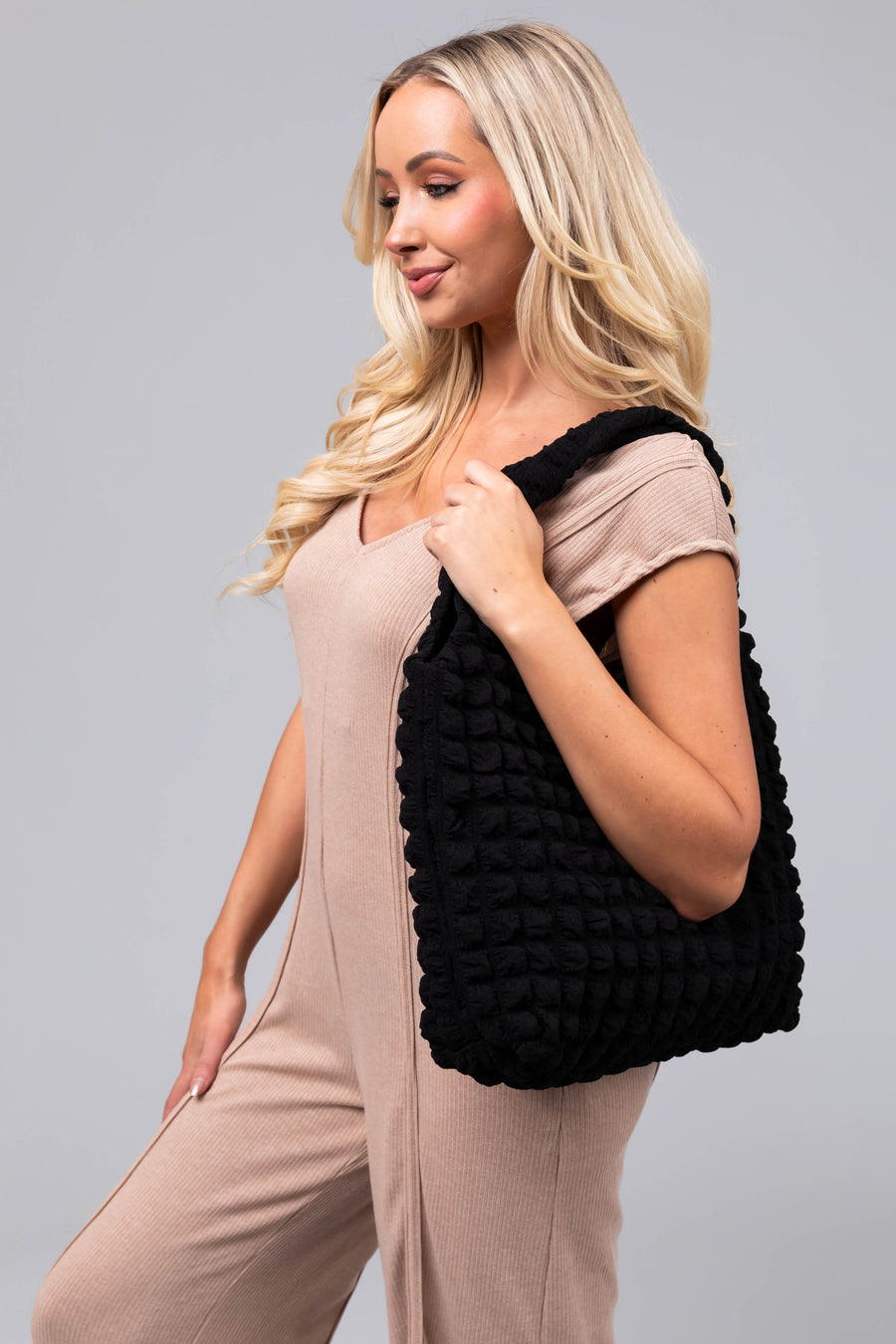 Black Puff Square Textured Handbag
