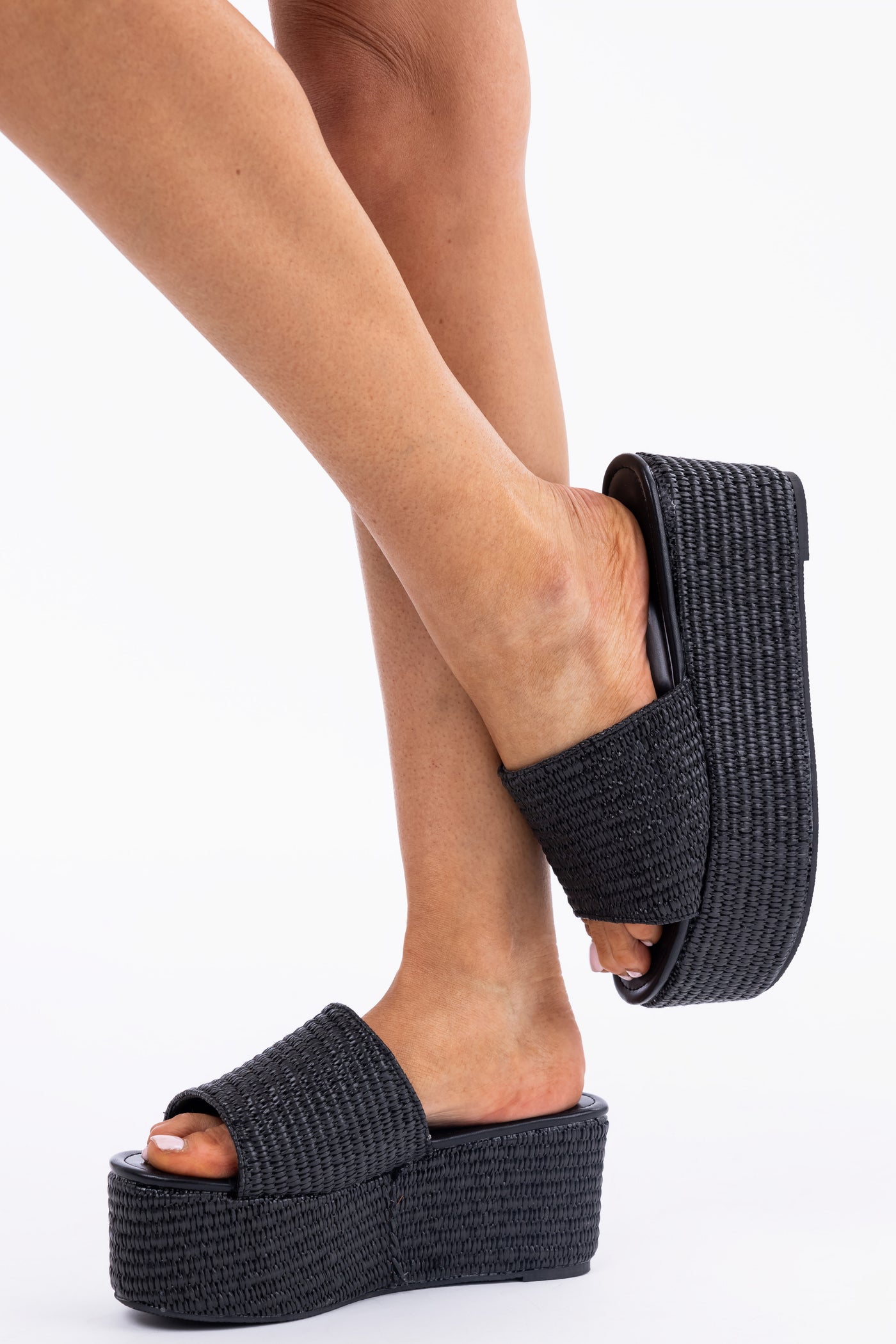 Black Raffia Woven Platform Slide Sandals