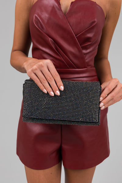 Black Rhinestone Fold Over Clutch Purse