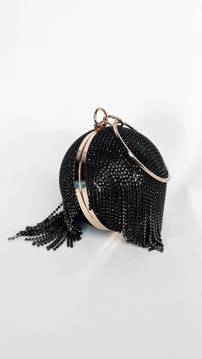 Black Rhinestone Fringe Ball Pendant Clutch