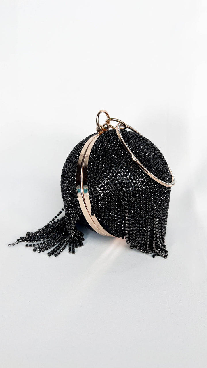 Black Rhinestone Fringe Ball Pendant Clutch