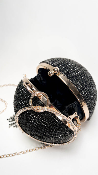 Black Rhinestone Fringe Ball Pendant Clutch